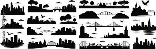 Abstract city skyline silhouettes collection featuring bridges, rivers, trees and birds in black vector style for urban landscape design projects