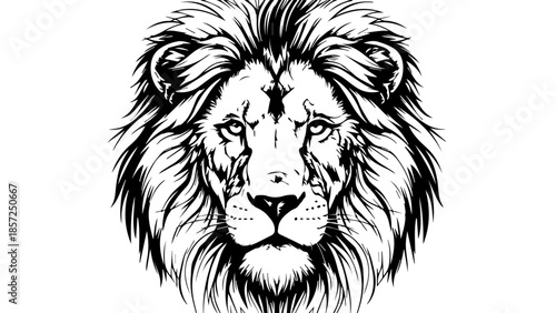 A fierce black and white lion head vector illustration featuring a wild king mascot with a powerful mane and feline face isolated for a predator tattoo or wildlife art