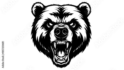 Vector illustration of a grizzly bear head mascot featuring an angry wild predator silhouette for a black wildlife tattoo icon