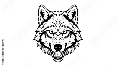 A fierce black and white wolf head vector illustration features a wild predator profile perfect for a canine tattoo or wildlife art symbol of this majestic mountain beast