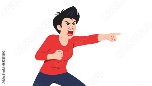 Angry animated woman pointing forward in accusation.