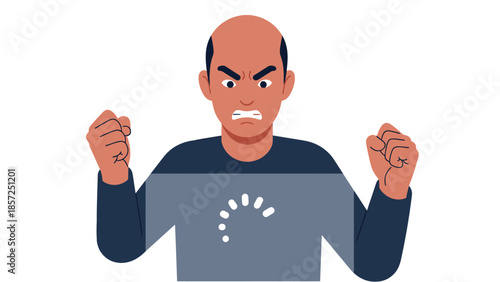 Angry Bald Man Clenching Fists Cartoon Illustration.