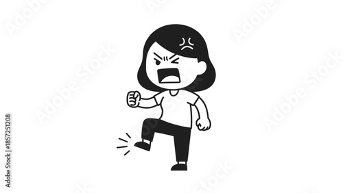 Angry cartoon girl stomping with fist.
