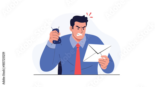 Angry businessman holding envelope in cartoon illustration.