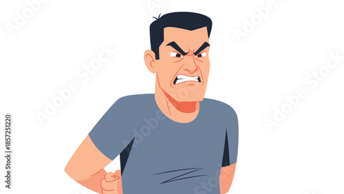 Angry cartoon man in blue shirt with furious expression.