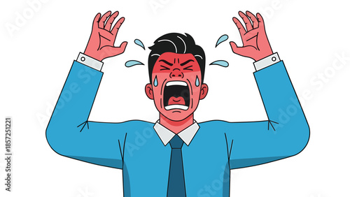 Angry cartoon man screaming in blue suit.