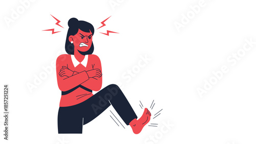Angry frustrated woman with crossed arms and raised leg.