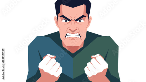 Angry Illustrated Man with Clenched Fists Portrait.
