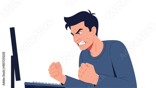Angry Man At Computer Facing Frustration.