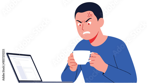 Angry man holding coffee mug at laptop.
