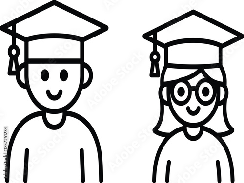 A Set of Two Minimalist Black Line Art Icons Featuring a Male and Female Graduate Wearing Mortarboards and Joyful Expressions.