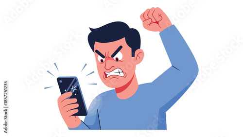 Angry man looking at smartphone with raised fist.