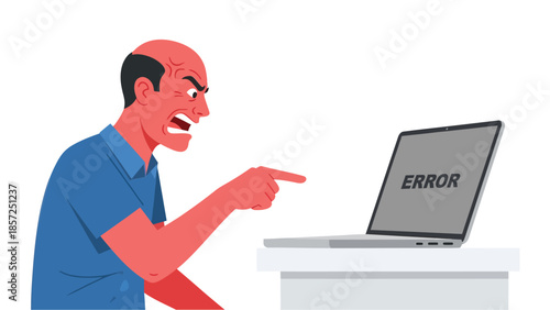 Angry man shouting at laptop cartoon illustration.