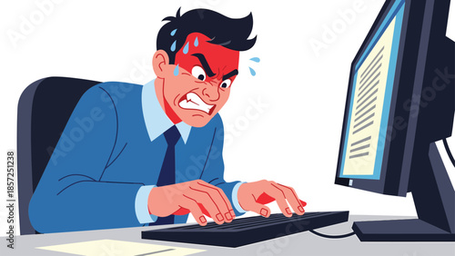 Angry man typing at computer keyboard.