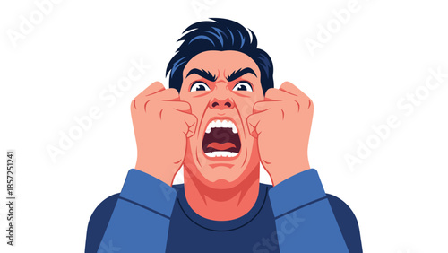 Angry man with clenched fists shouting.