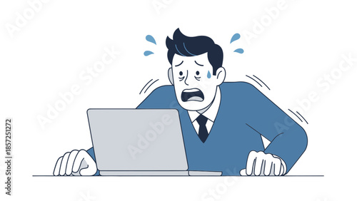 Anxious businessman using laptop at desk.