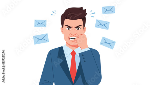 Anxious businessman overwhelmed by incoming messages.