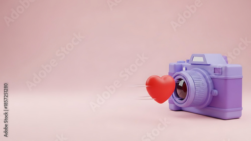 A charming purple toy camera with a red heart on its lens, set against a soft pink background, symbolizing love for photography.