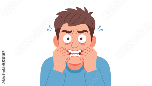 Anxious young man biting nails cartoon illustration.