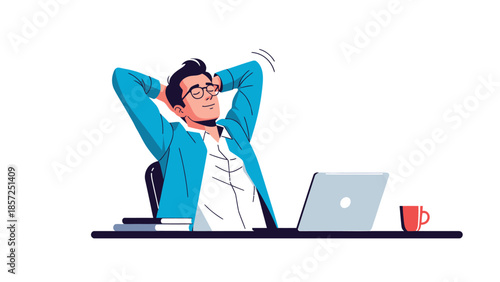 Man wearing blue shirt stretching arms behind head illustration.