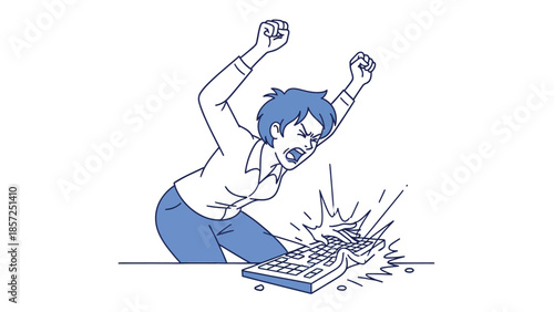 Man smashing calculator in energetic action.