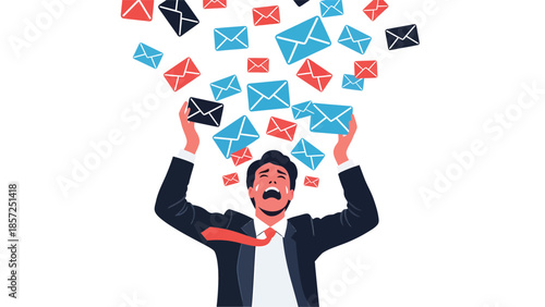 Overwhelmed businessman surrounded by floating messages.