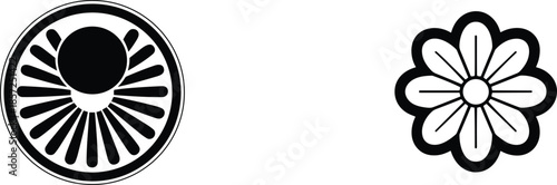 Abstract floral and circular geometric symbols in black and white featuring sunburst and flower icon designs for logo, tattoo and decorative graphic use