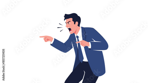 Professional businessman in suit pointing left.