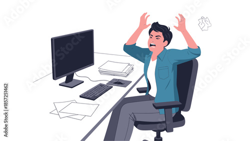 stressed businessman at desk with computer and papers.