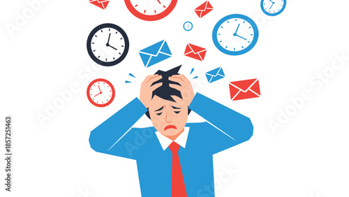 Stressed businessman overwhelmed by clocks and deadlines.