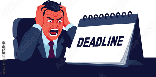 Stressed businessman reacting to looming deadline.