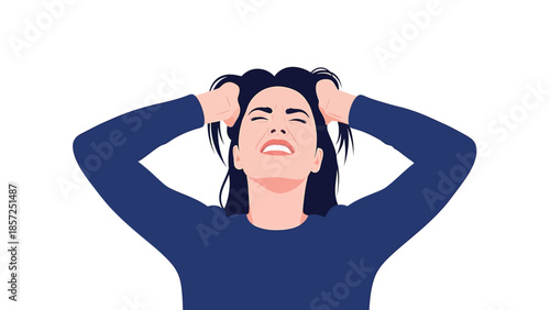 Stressed woman pulling hair in blue shirt illustration.