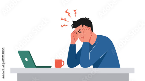 Stressed man at desk with laptop.