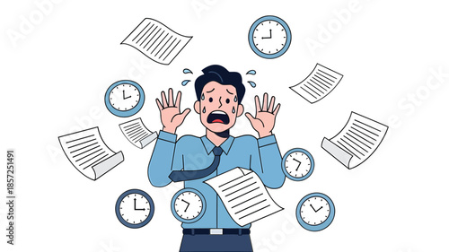 Stressed Businessman Surrounded By Clocks And Papers.