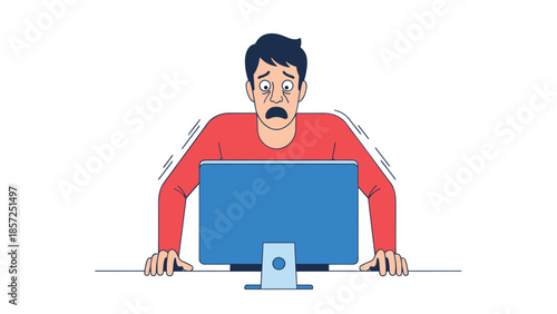 Surprised man at computer desk with monitor.