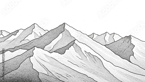 Detailed illustration of rugged snow capped mountain range landscape in black and white with stippling technique