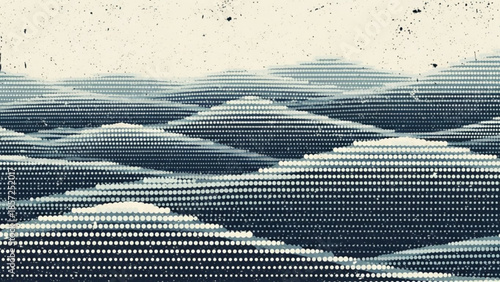 Distressed digital glitch art of a stylized mountain range with a pixelated texture and a worn vintage aesthetic on a beige background