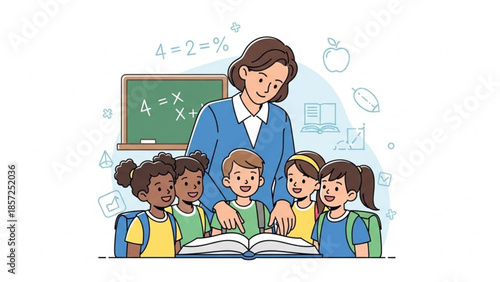 A smiling female teacher and four diverse students reading a book together in a classroom with a green chalkboard and educational icons