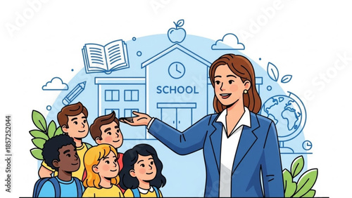 Diverse group of happy school children with teacher in front of elementary education building
