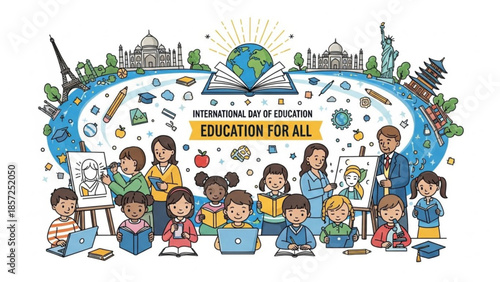 International day of education, education for all, diverse children and teachers learning with books, globe, landmarks, and educational icons