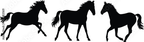 A Set of Three High-Contrast Black Horse Silhouettes Capturing Various Majestic Poses Including Running, Trotting, and Standing in Profile