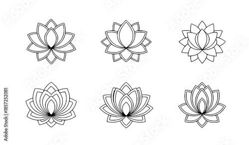 Minimal monoline Thai lotus rosette vector icon set isolated on white background