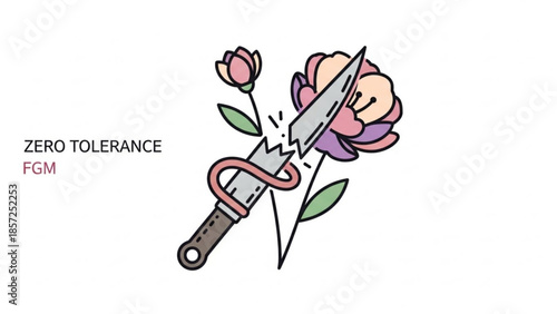 Knife Cutting Rose Flower with Red Ribbon, Zero Tolerance Concept, Isolated on White Background