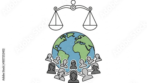 Global community coming together for justice and equality around the world with a scale above, symbolizing fairness and balance