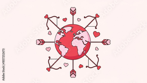 Global love concept with red heart arrows piercing the earth
