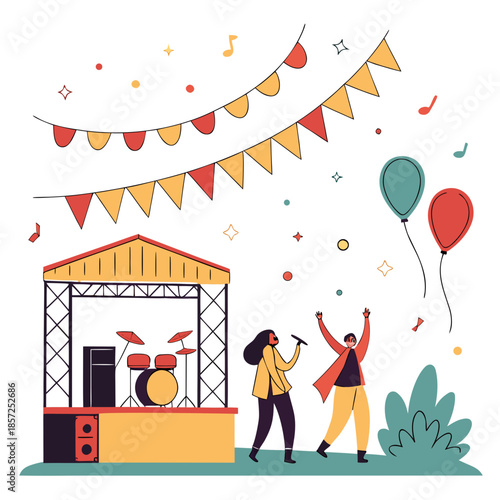 Festive stage setup with musicians performing and colorful party decorations