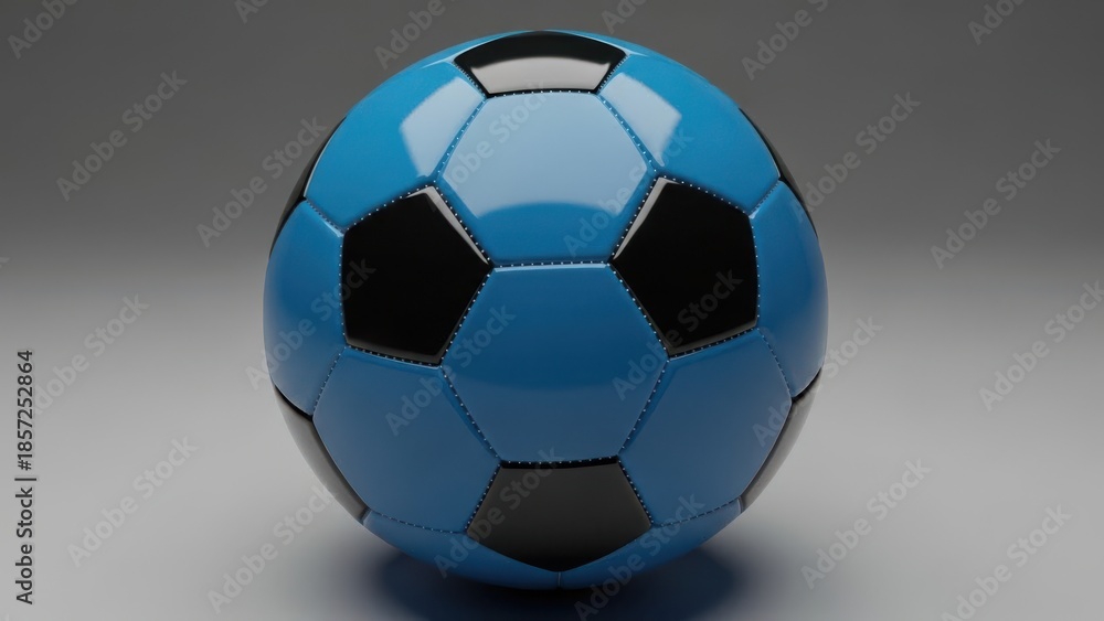Naklejka premium Striking blue soccer ball with black hexagons on a neutral gray background