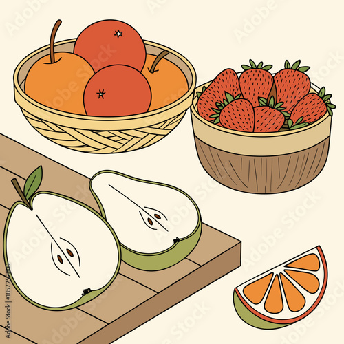 A colorful still life featuring oranges strawberries pears and a citrus slice