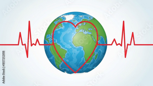 Earth with heart shape and electrocardiogram symbolizing global health and life for medical and environmental concepts