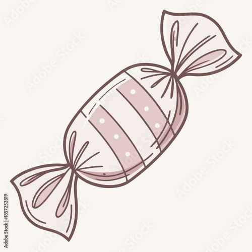 A charming hand drawn illustration of a wrapped pink and white candy